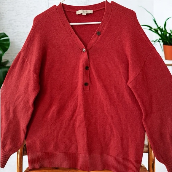 LOFT Red Buttoned V-Neck Sweater - Picture 2 of 6